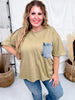 Crewneck Denim Pocket Olive Tunic Top - Whiskey Skies - SEW IN LOVE