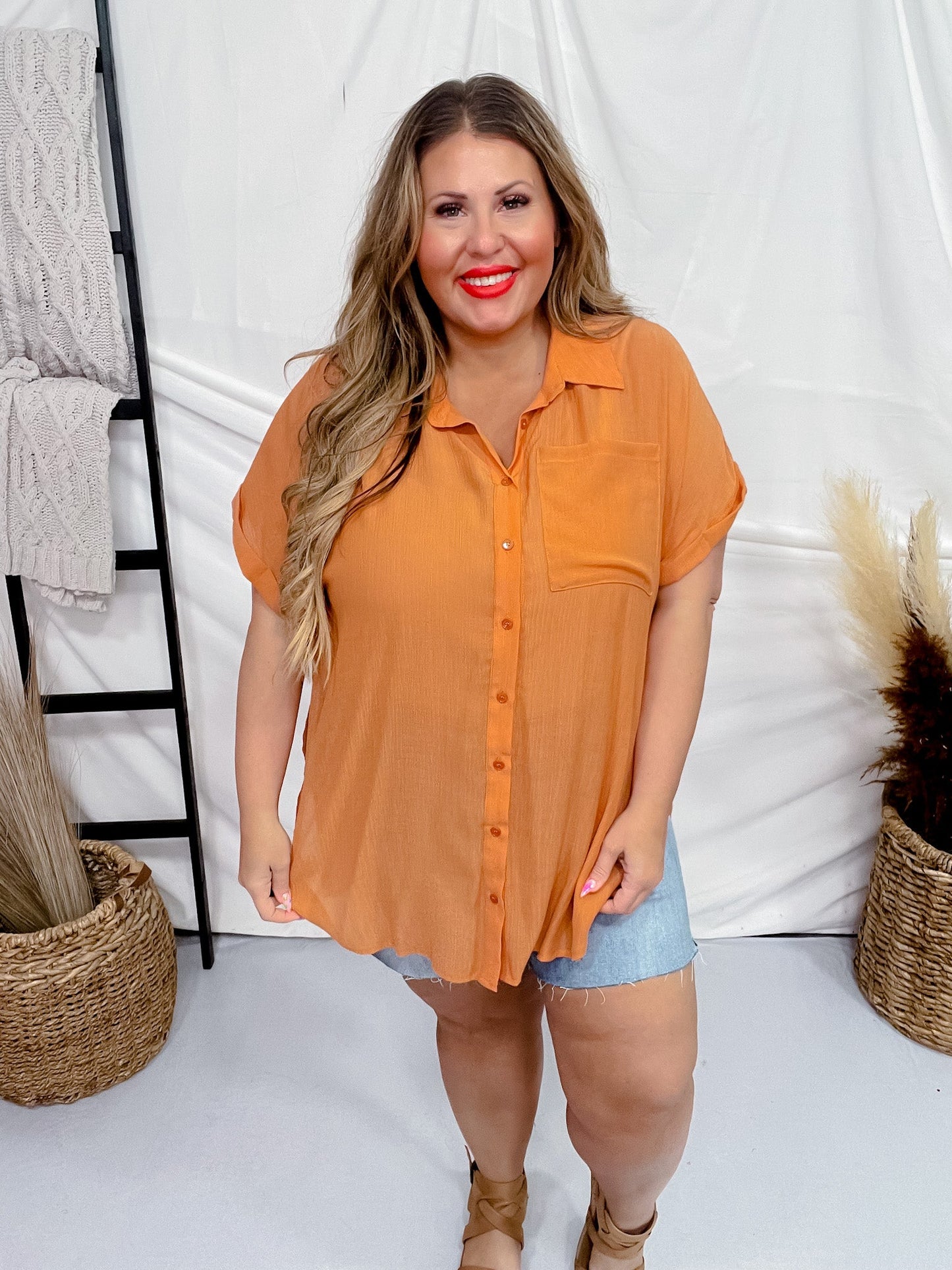 Crinkle Oversized Button Down Shirt - Whiskey Skies - GIGIO