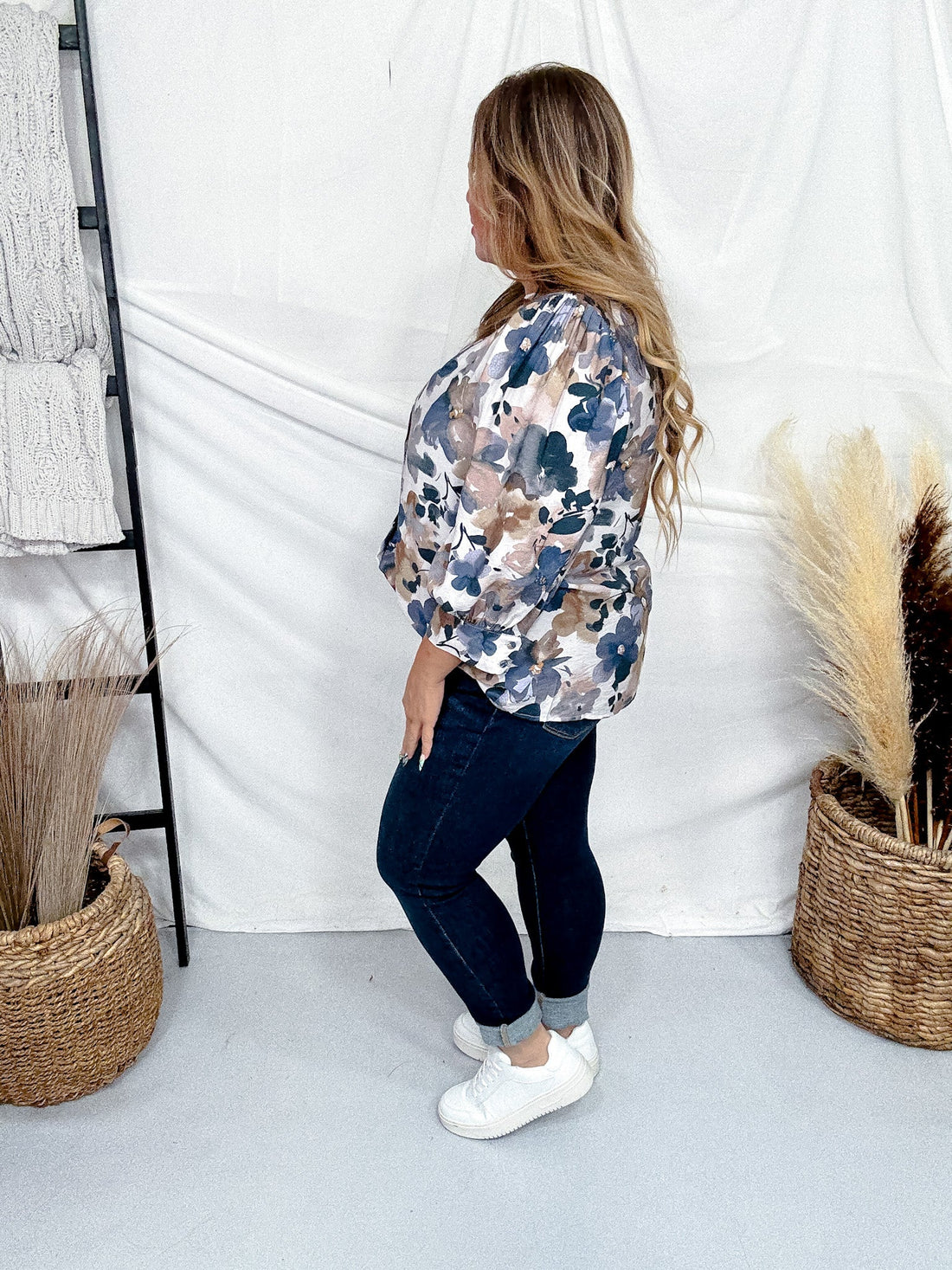 Crinkled Floral Printed Blouse With 3/4 Gathered Sleeves - Whiskey Skies - ODDI