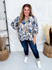 Crinkled Floral Printed Blouse With 3/4 Gathered Sleeves - Whiskey Skies - ODDI