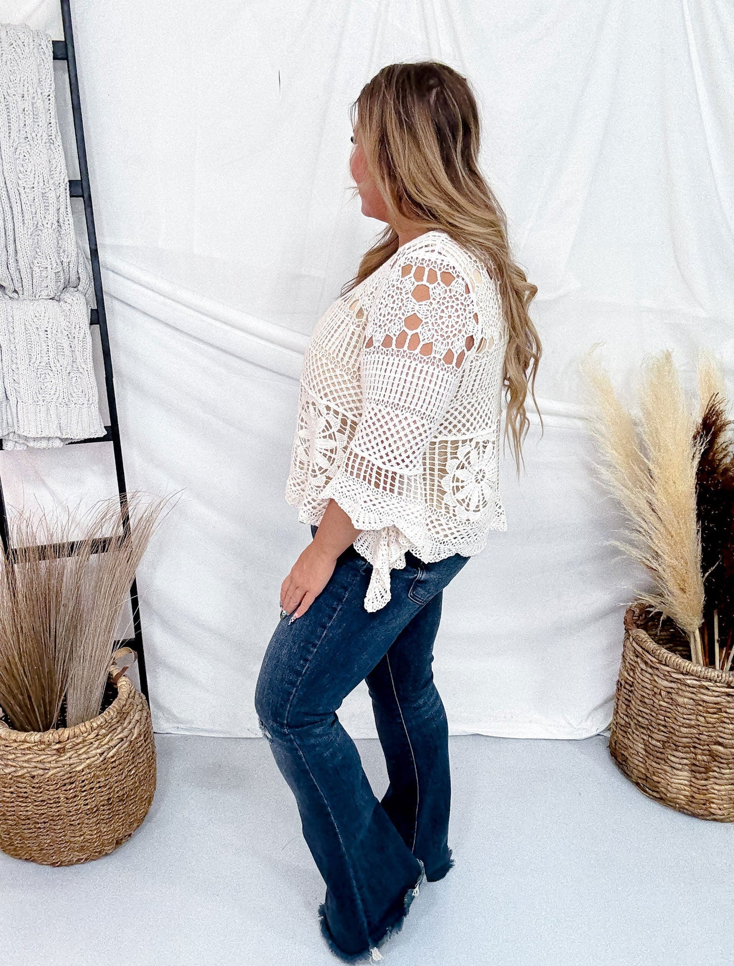 Crochet Lace Blouse With 3/4 Sleeves - Whiskey Skies - DAVI & DANI