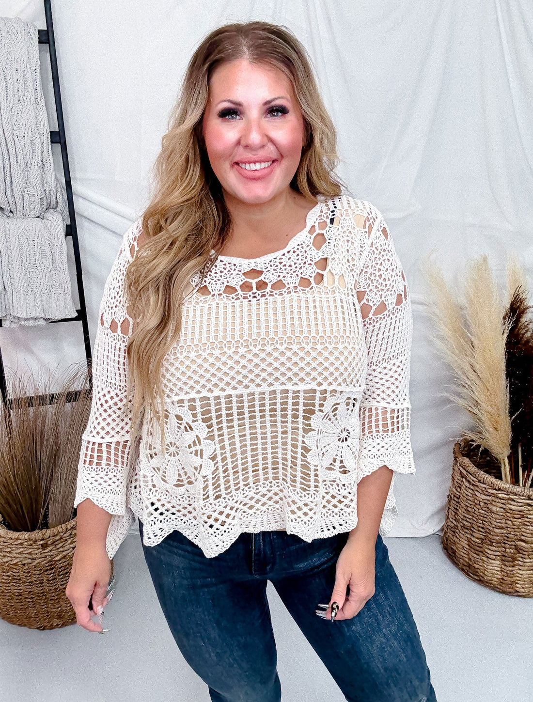 Crochet Lace Blouse With 3/4 Sleeves - Whiskey Skies - DAVI & DANI