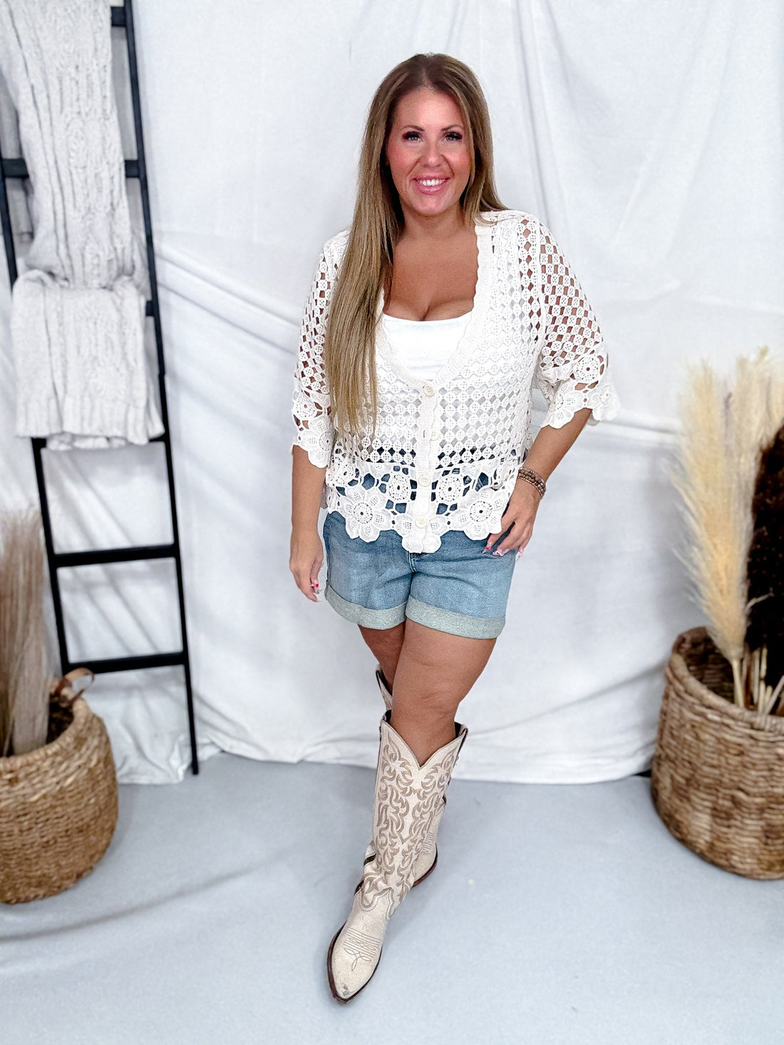 Crochet Lace Half Sleeve Button Front Cardigan - Whiskey Skies - SEW IN LOVE