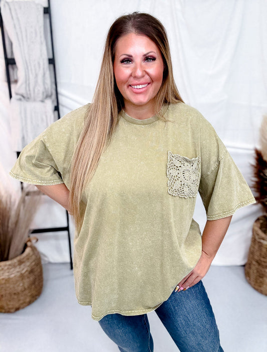 Crochet Pocket Faded Olive Mineral Washed Short Sleeve Top - Whiskey Skies - EASEL