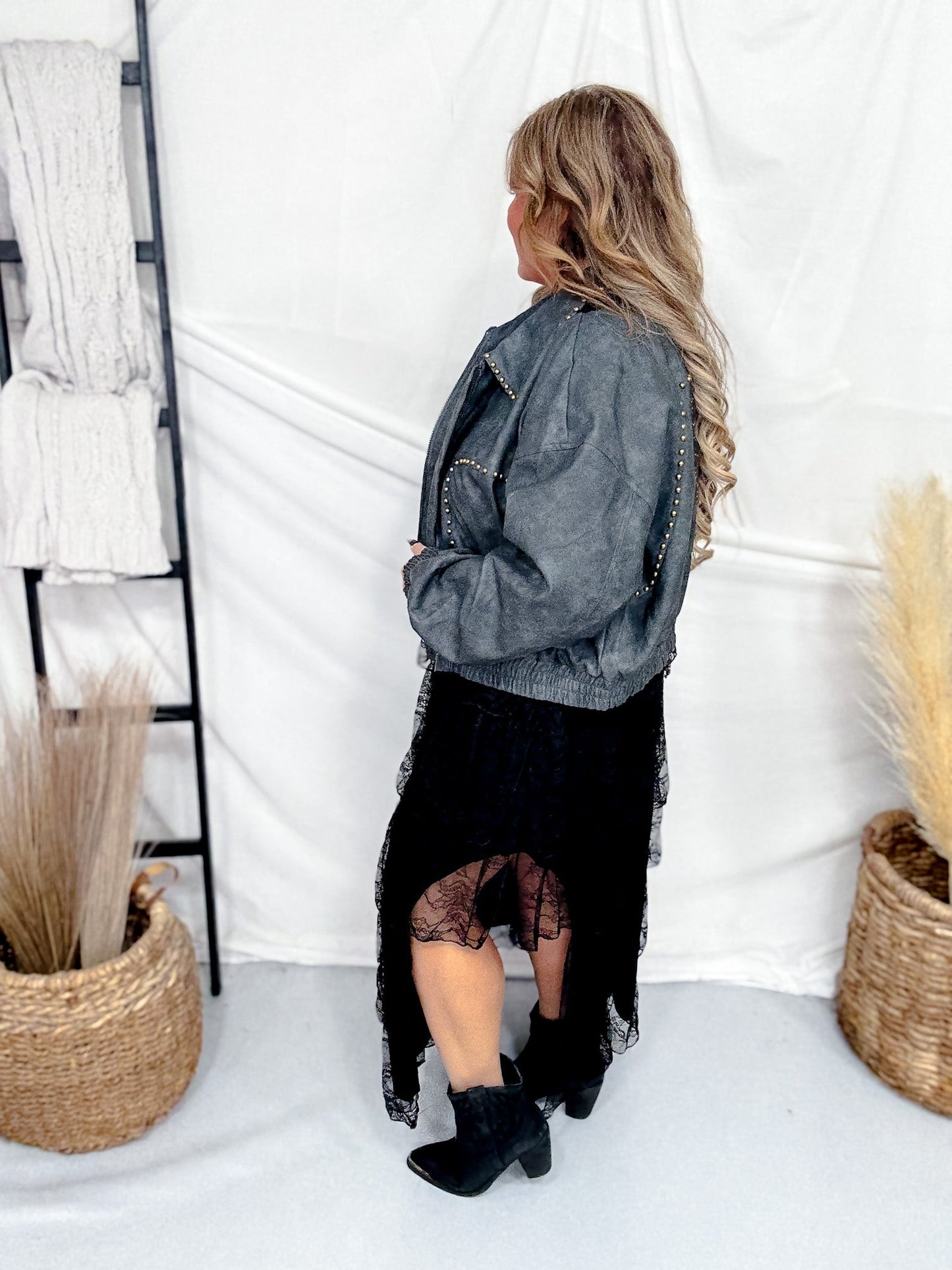 Cropped Black Faux Leather Jacket With Studs - Whiskey Skies - POLAGRAM + BAEVELY