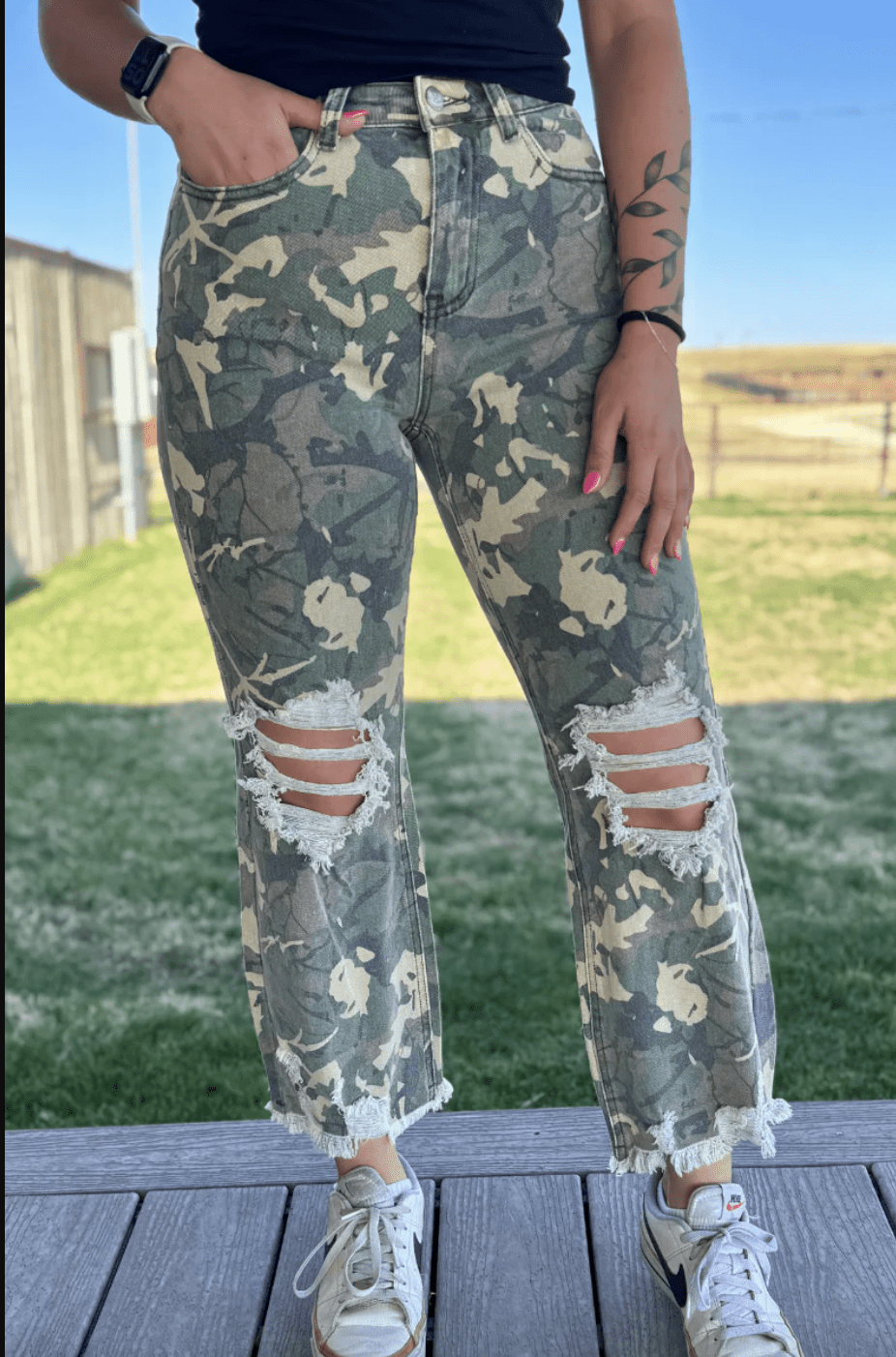 Cropped High Rise Distressed Camo Kreek Jeans FINAL SALE – Whiskey Cropped High Rise Distressed Camo Kreek Jeans FINAL SALE – Whiskey