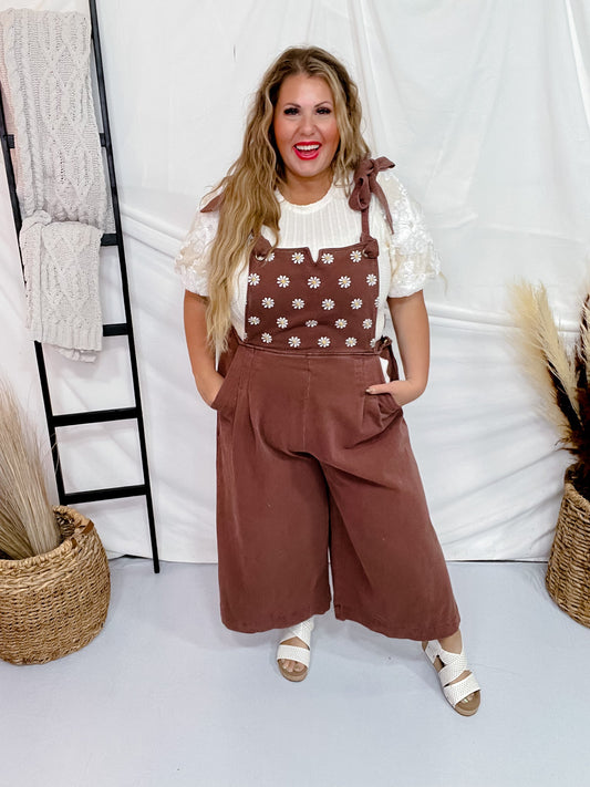 Cropped Wide Leg Brown Coveralls with Floral Embroidery - Whiskey Skies - DAVI & DANI