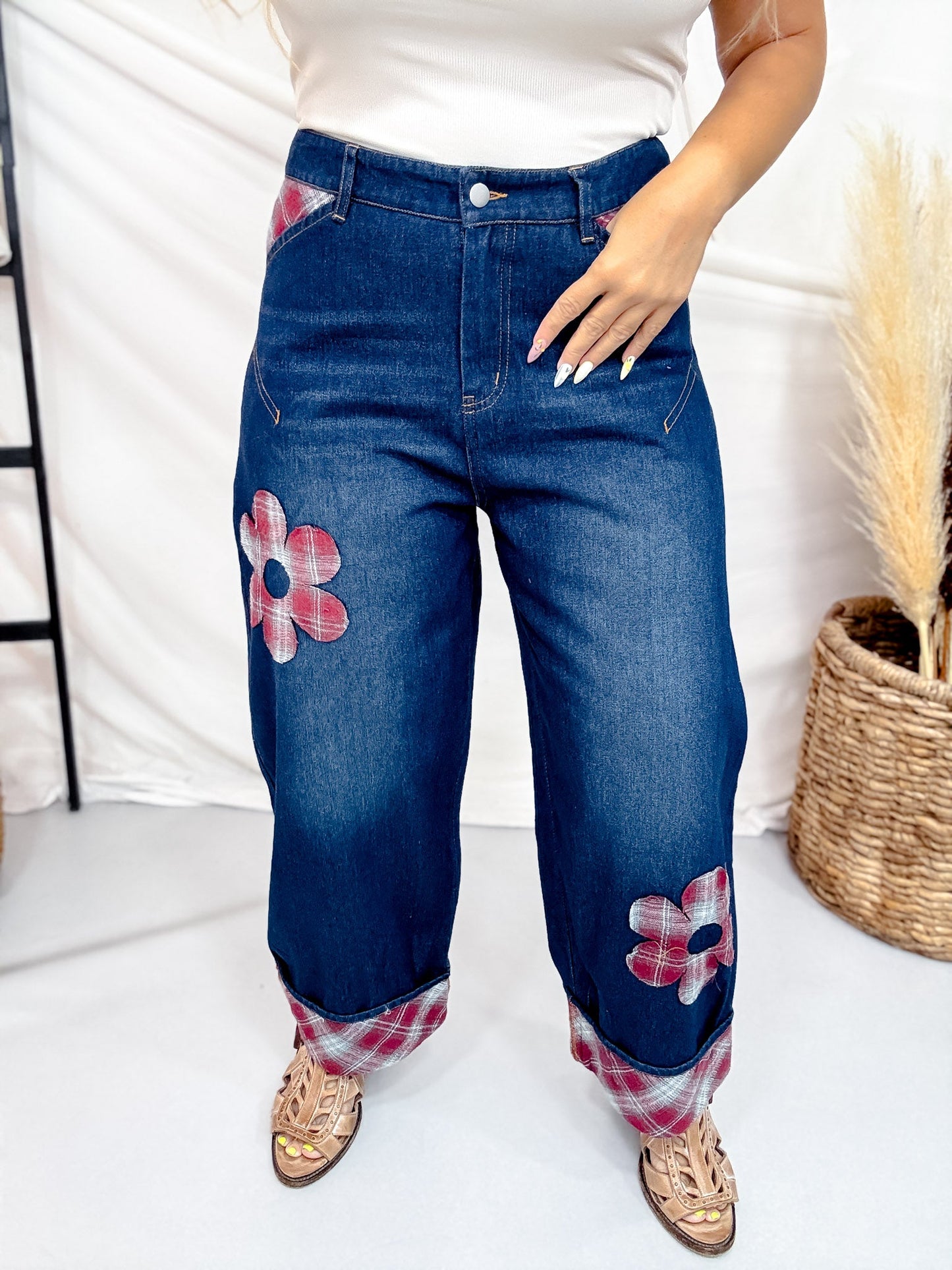 Cropped Wide Leg Jeans With Plaid Cuffs & Flower Patches - Whiskey Skies - ODDI