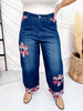 Cropped Wide Leg Jeans With Plaid Cuffs & Flower Patches - Whiskey Skies - ODDI