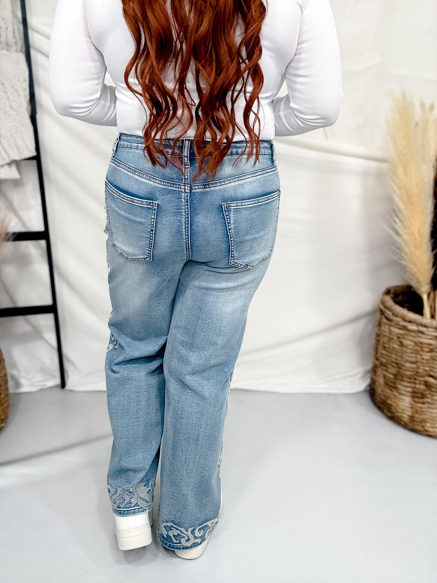 Cross-stitch Floral Embroidered Wide Leg Jeans - Whiskey Skies - EASEL
