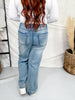 Cross-stitch Floral Embroidered Wide Leg Jeans - Whiskey Skies - EASEL