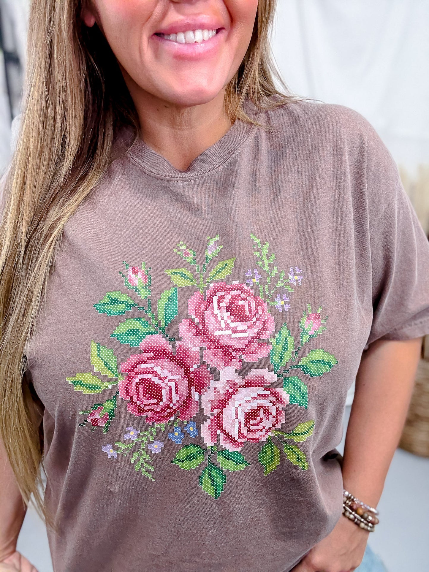 Cross Stitched Roses Graphic Tee In Espresso Brown - Whiskey Skies - THE LATTIMORE CLAIM