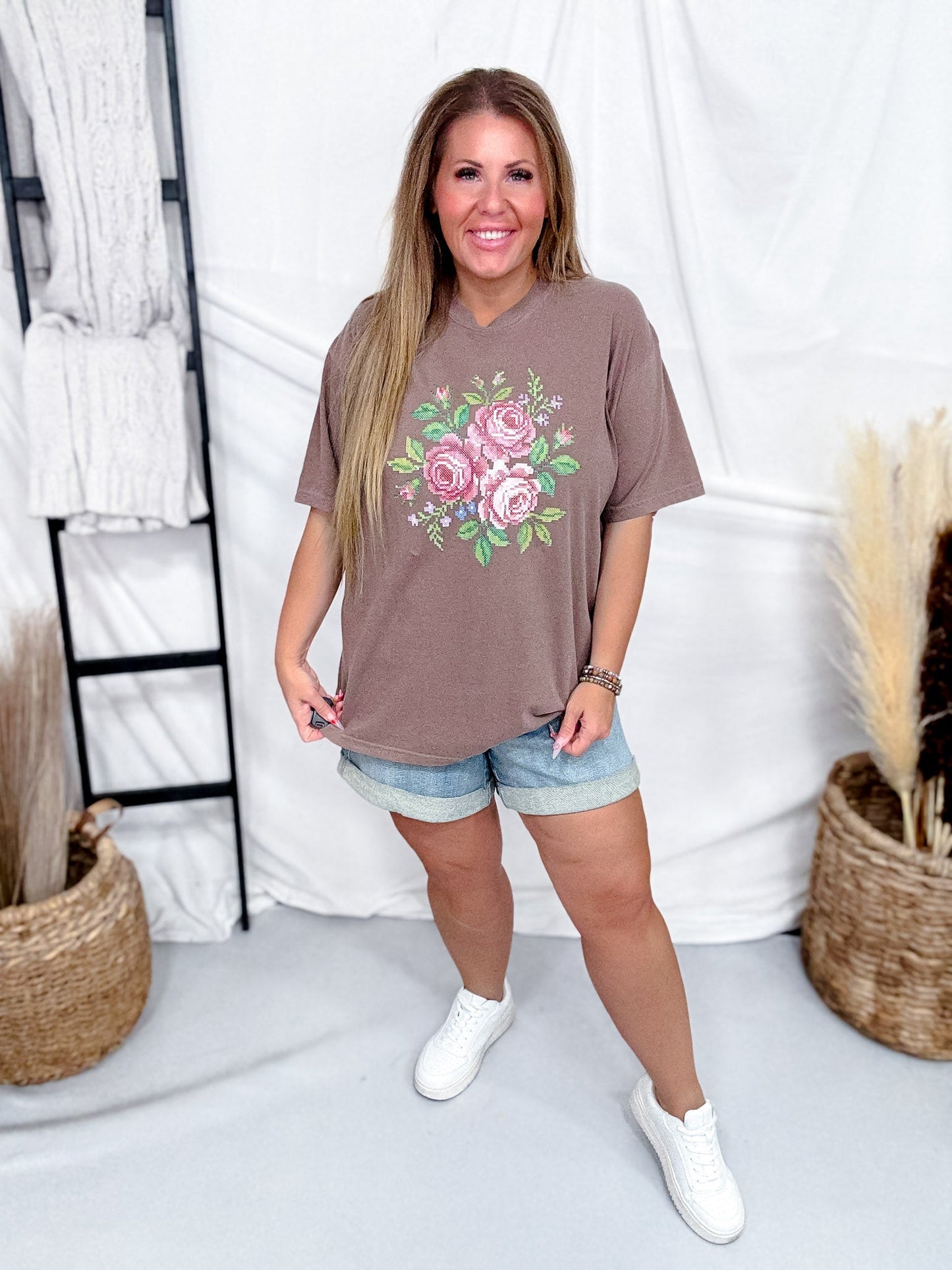 Cross Stitched Roses Graphic Tee In Espresso Brown - Whiskey Skies - THE LATTIMORE CLAIM