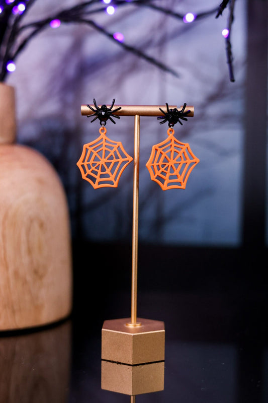 Crystal Spiders W/ Orange Web Halloween Earrings - Whiskey Skies - PERIWINKLE BY BARLOW