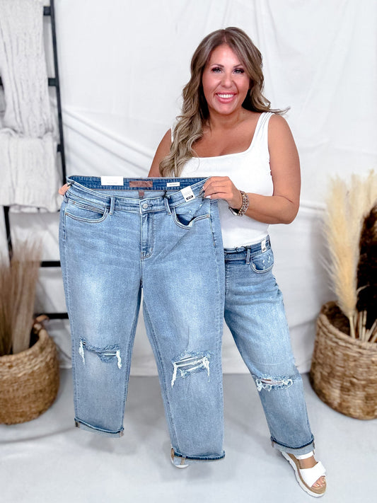 Cuffed Judy Blue Mid - Rise Boyfriend Jeans W/ Distressing - Whiskey Skies - JUDY BLUE