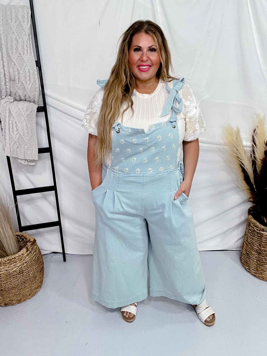 Daisy Embroidered Cropped Wide Leg Overalls - Whiskey Skies - DAVI & DANI