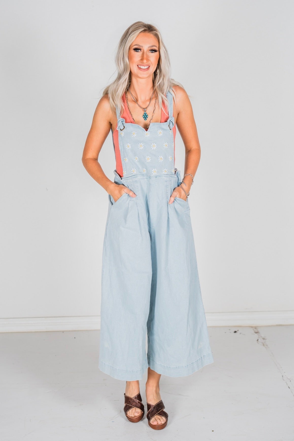 Daisy Embroidered Cropped Wide Leg Overalls - Whiskey Skies - DAVI & DANI