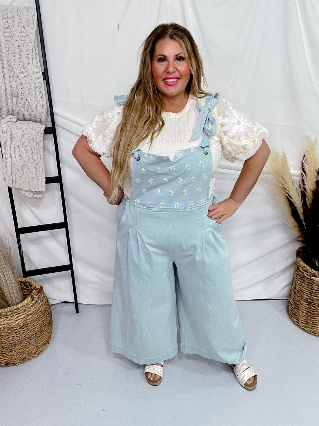 Daisy Embroidered Cropped Wide Leg Overalls - Whiskey Skies - DAVI & DANI