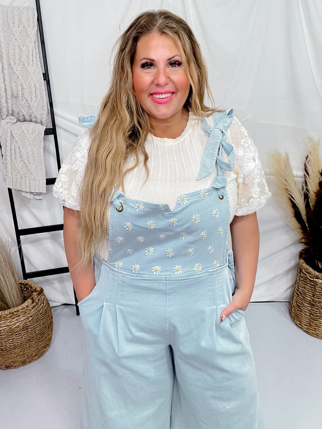 Daisy Embroidered Cropped Wide Leg Overalls - Whiskey Skies - DAVI & DANI