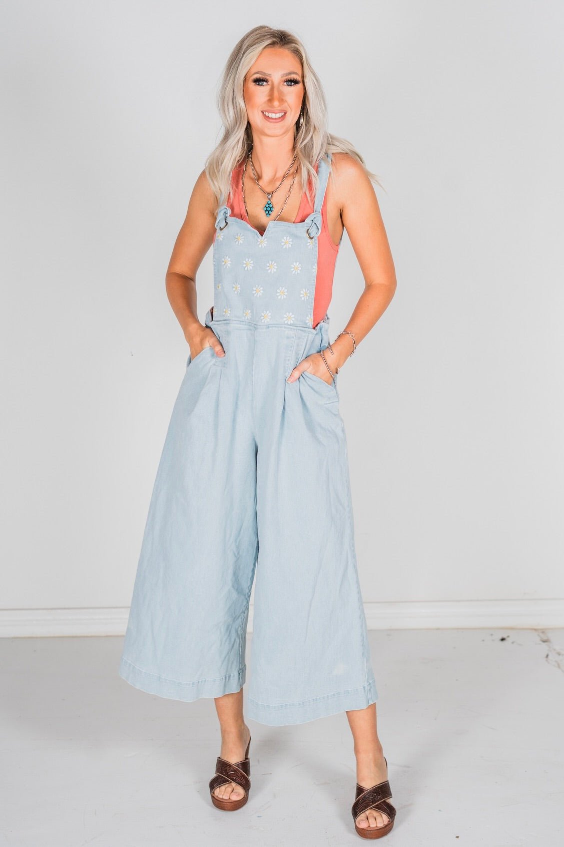 Daisy Embroidered Cropped Wide Leg Overalls - Whiskey Skies - DAVI & DANI