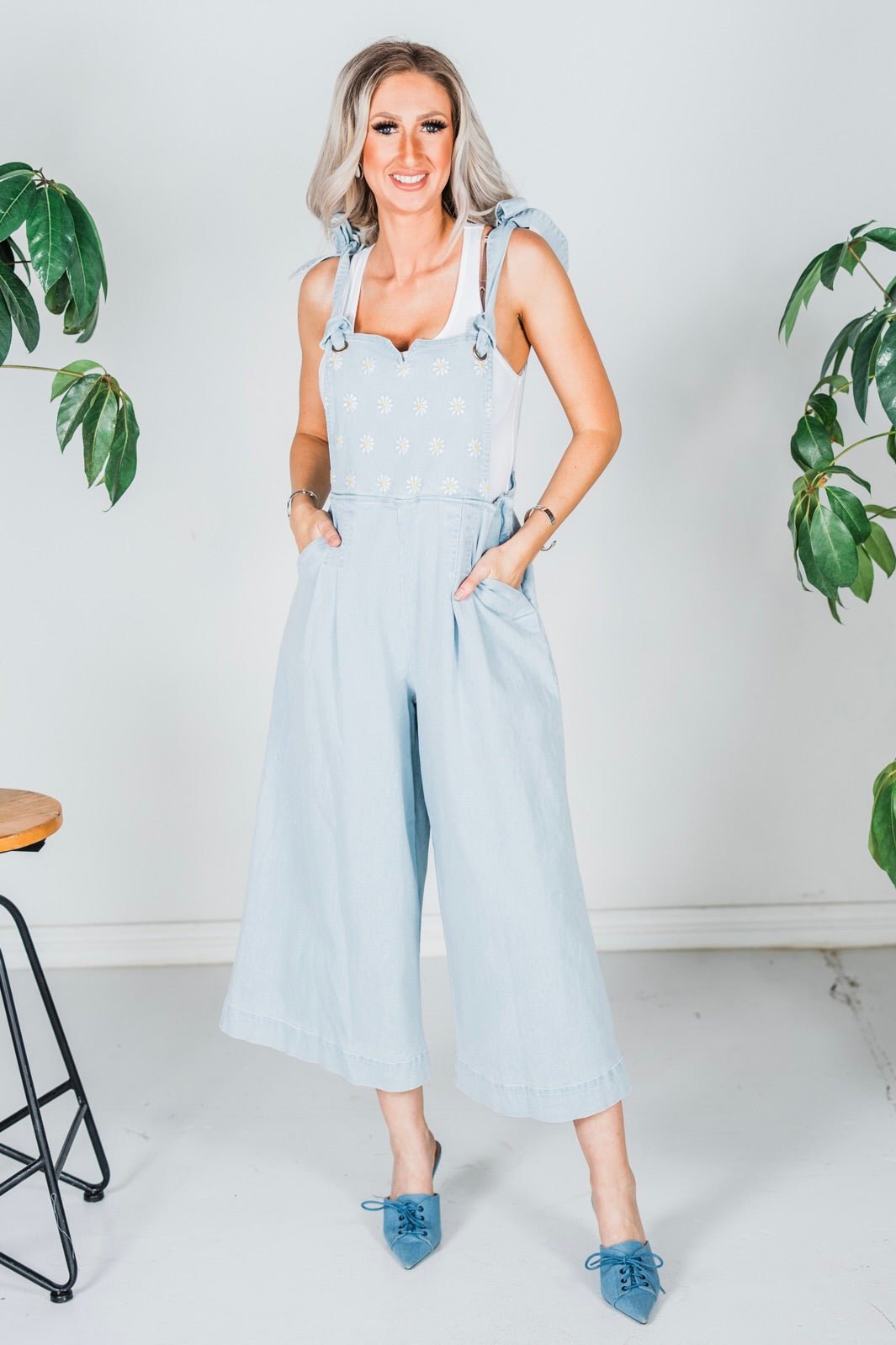 Daisy Embroidered Cropped Wide Leg Overalls - Whiskey Skies - DAVI & DANI