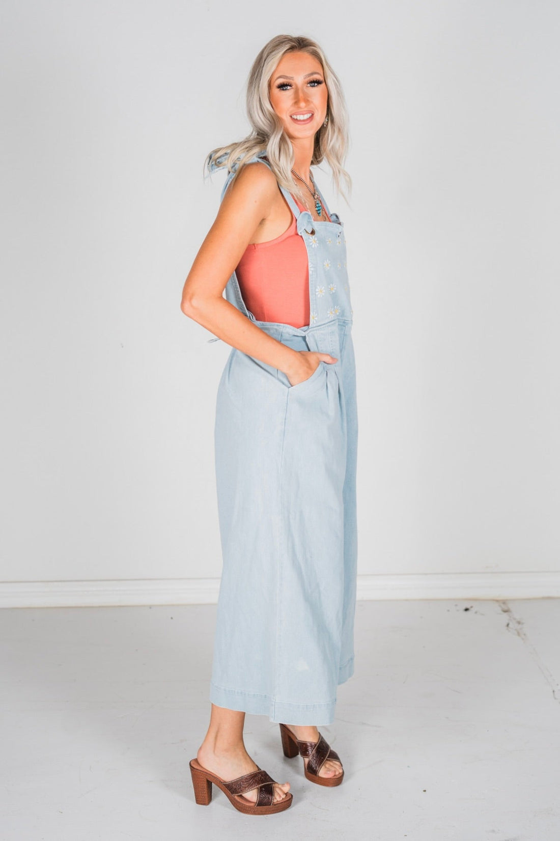 Daisy Embroidered Cropped Wide Leg Overalls - Whiskey Skies - DAVI & DANI