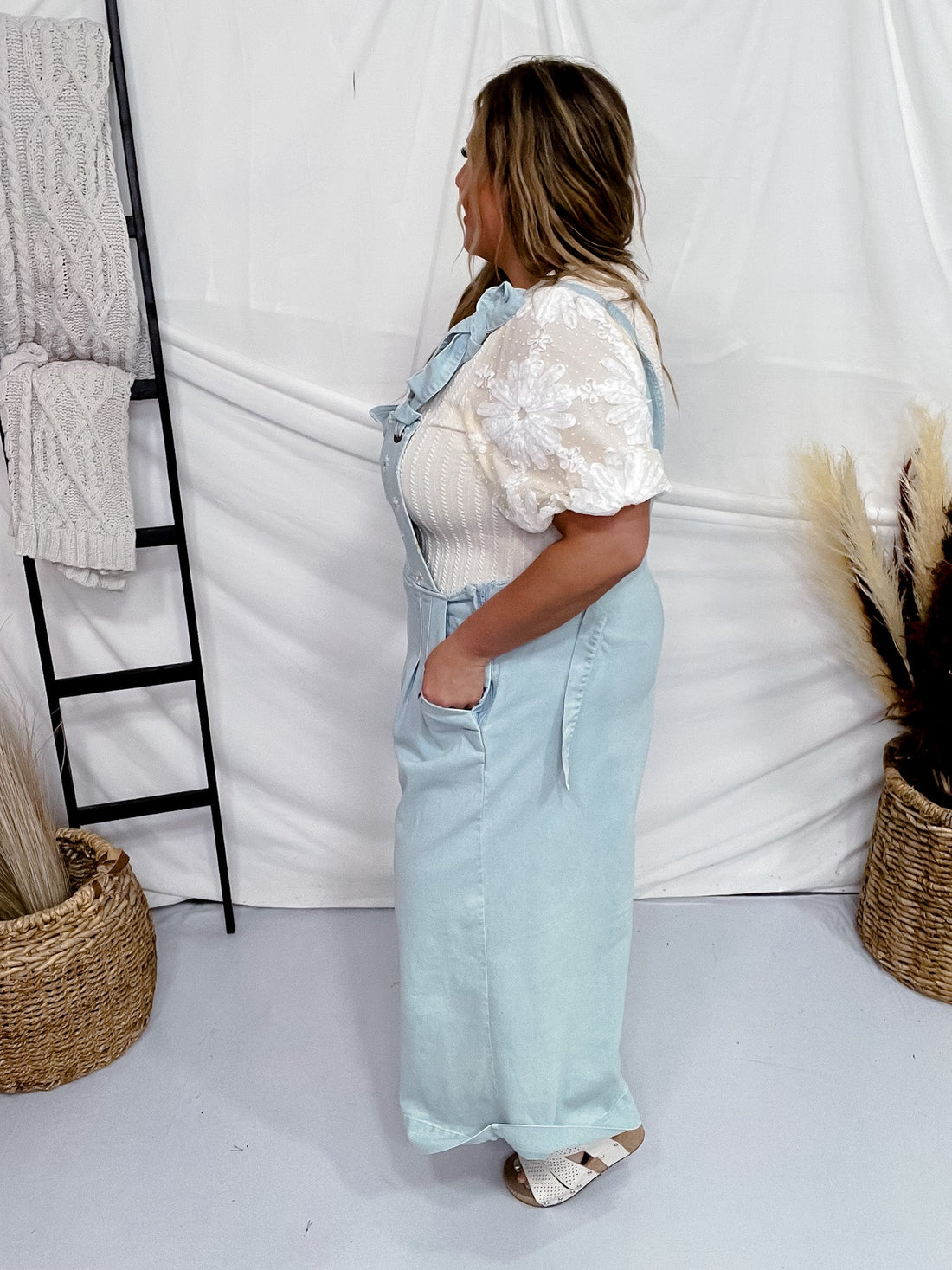 Daisy Embroidered Cropped Wide Leg Overalls - Whiskey Skies - DAVI & DANI