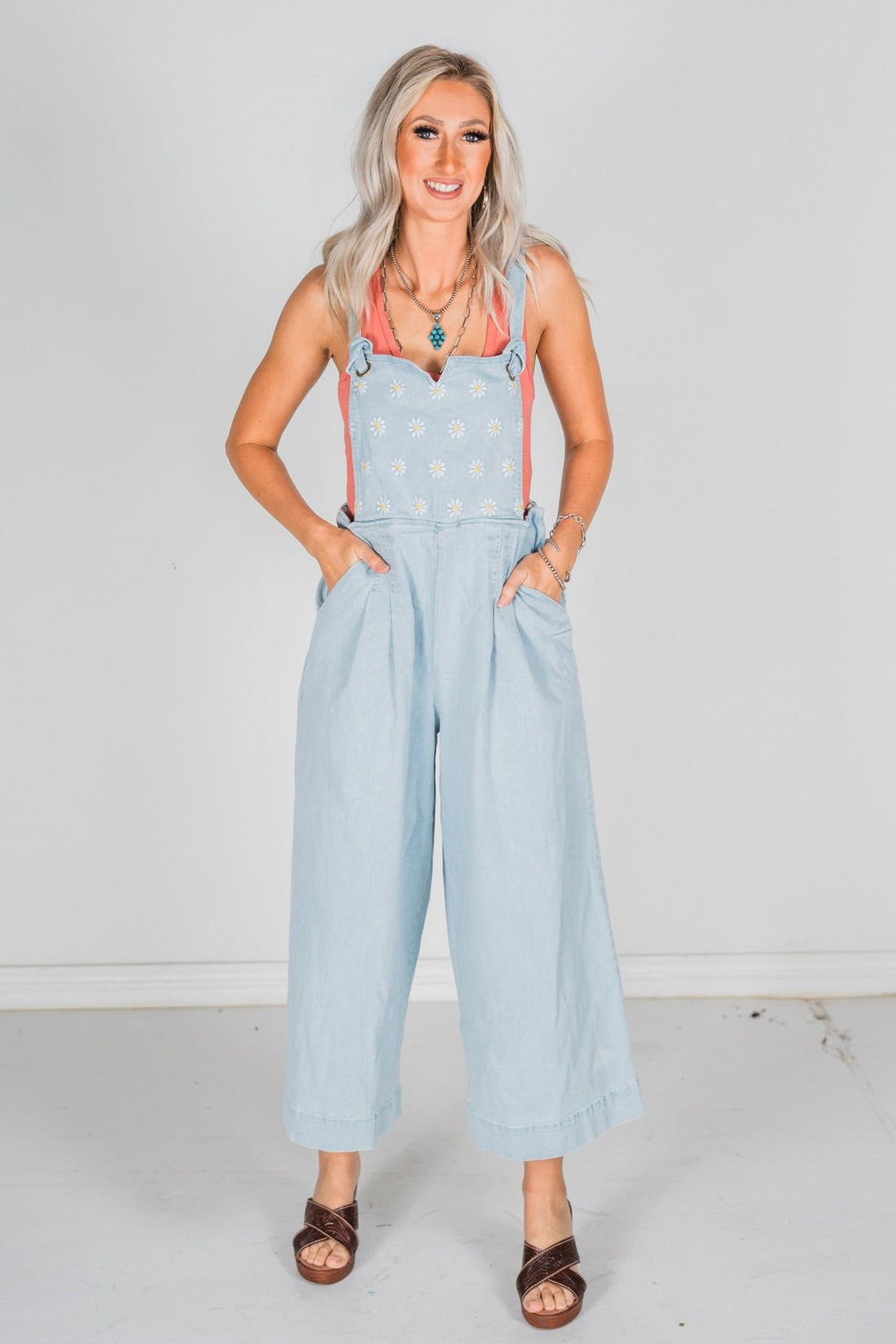 Daisy Embroidered Cropped Wide Leg Overalls - Whiskey Skies - DAVI & DANI