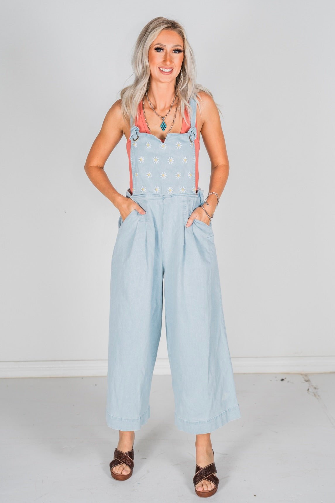 Daisy Embroidered Cropped Wide Leg Overalls - Whiskey Skies - DAVI & DANI