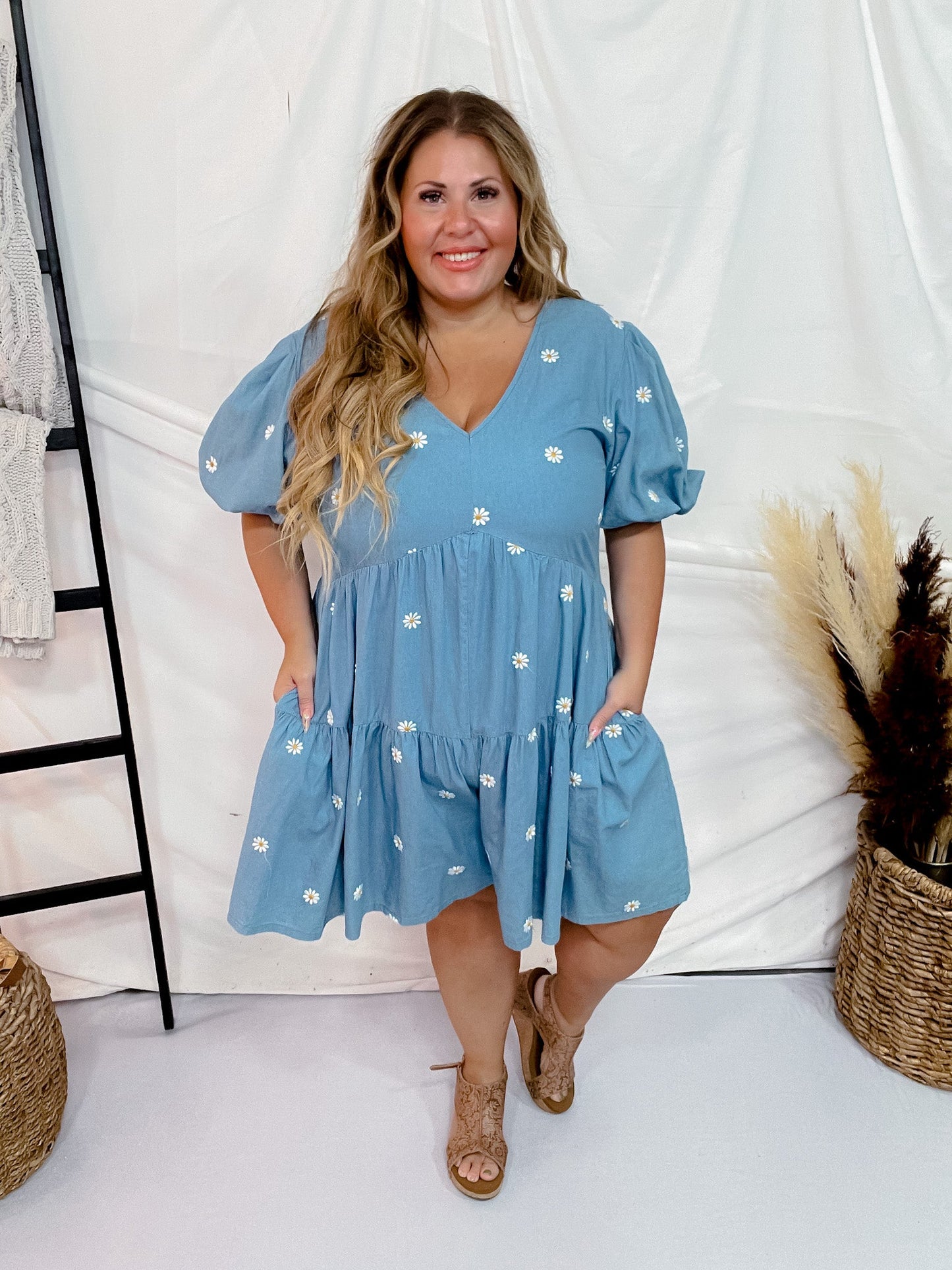 Daisy Floral Embroidered Denim Romper - Whiskey Skies - DAVI & DANI