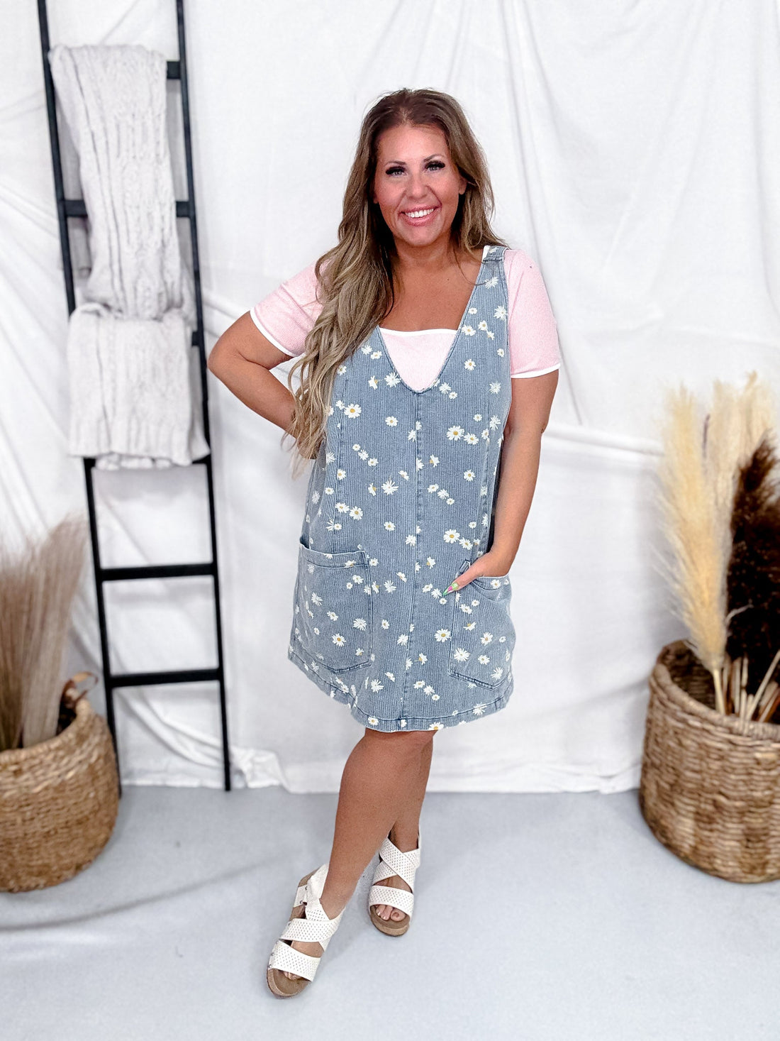Daisy Print V - Neck Denim Overall Dress - Whiskey Skies - SEW IN LOVE