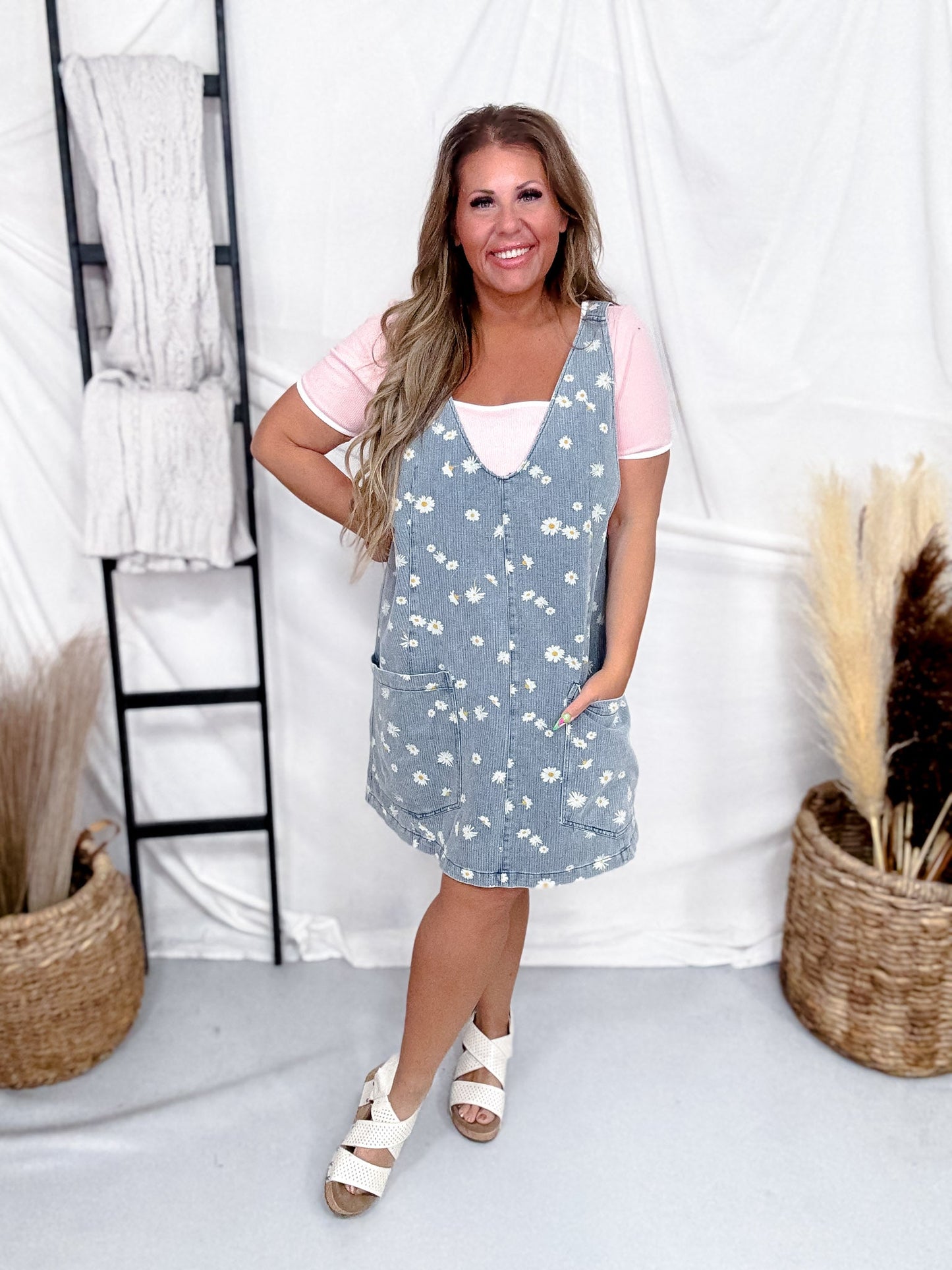 Daisy Print V - Neck Denim Overall Dress - Whiskey Skies - SEW IN LOVE
