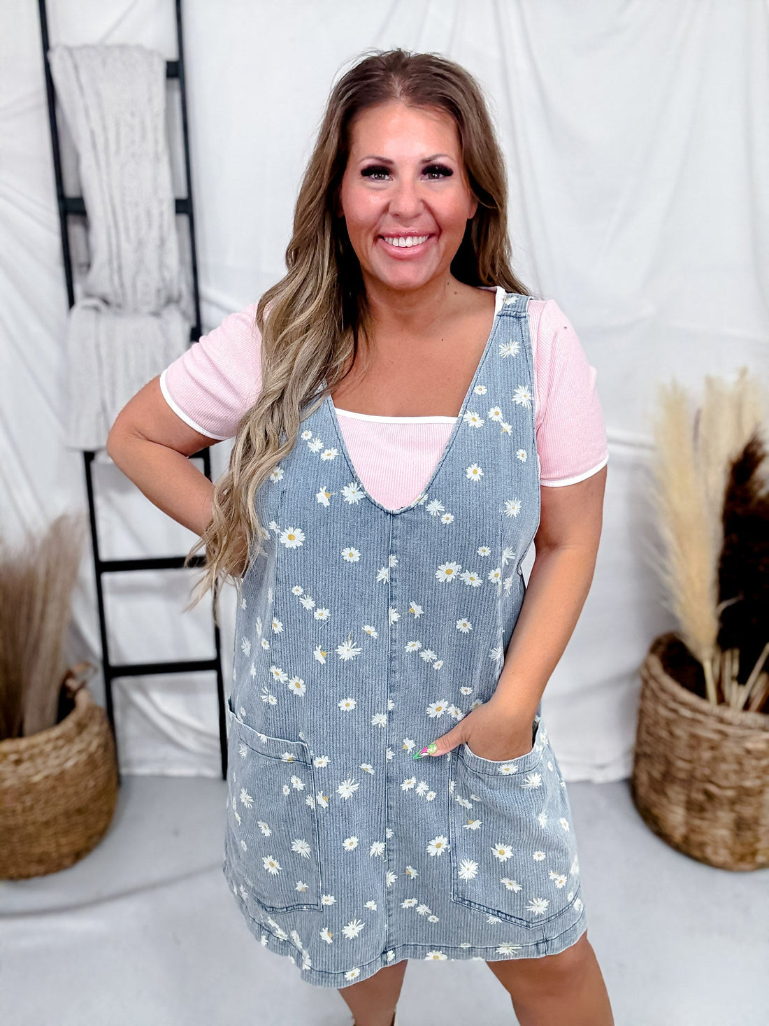 Daisy Print V - Neck Denim Overall Dress - Whiskey Skies - SEW IN LOVE