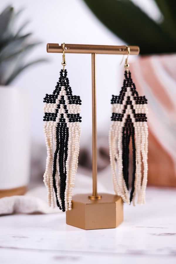 Danielle Peak Beaded Fringe Earrings Black - Whiskey Skies - INK+ALLOY