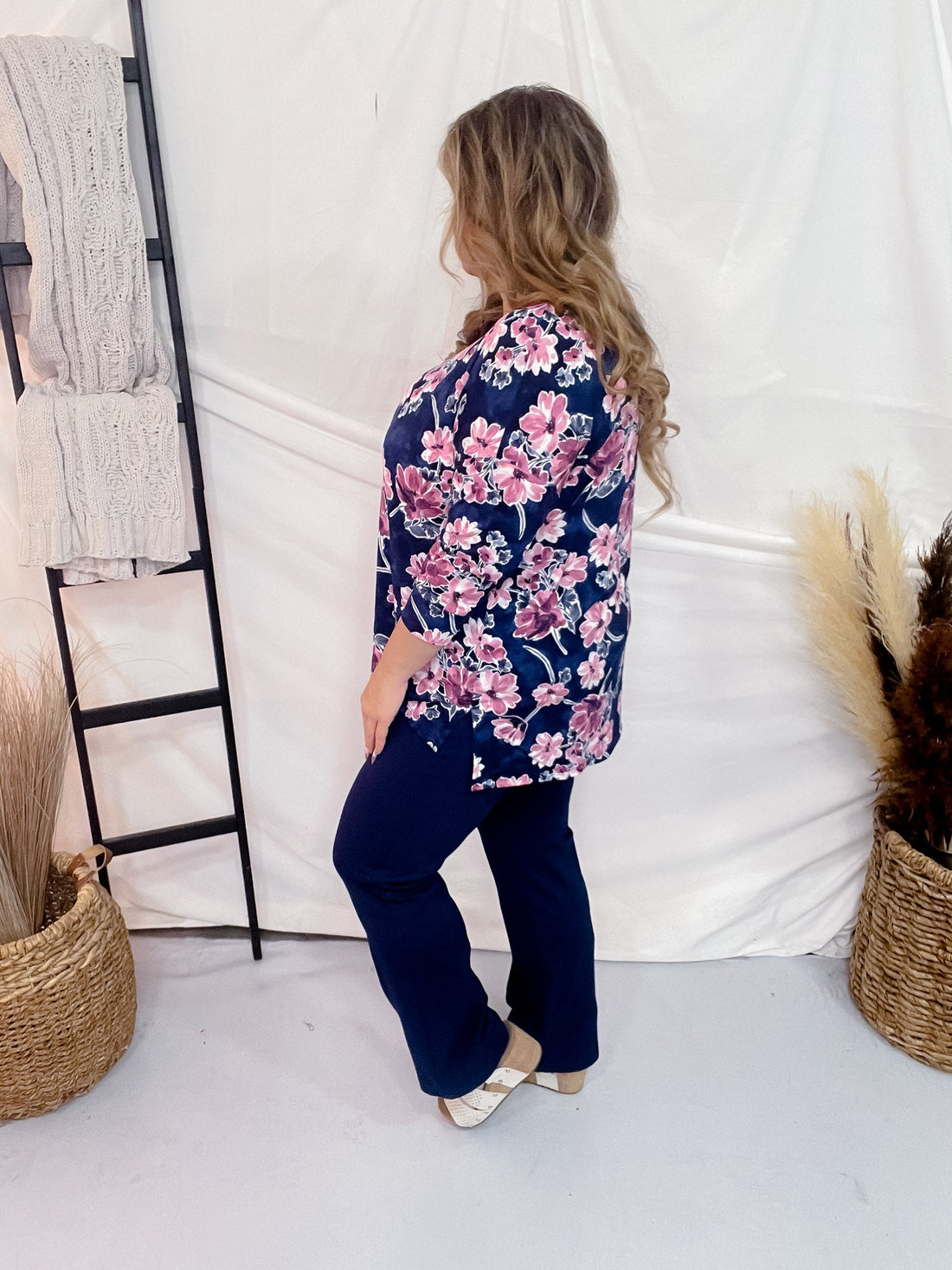 Dark Blue 3/4 Sleeve Top with Mauve Florals - Whiskey Skies - DEAR SCARLETT