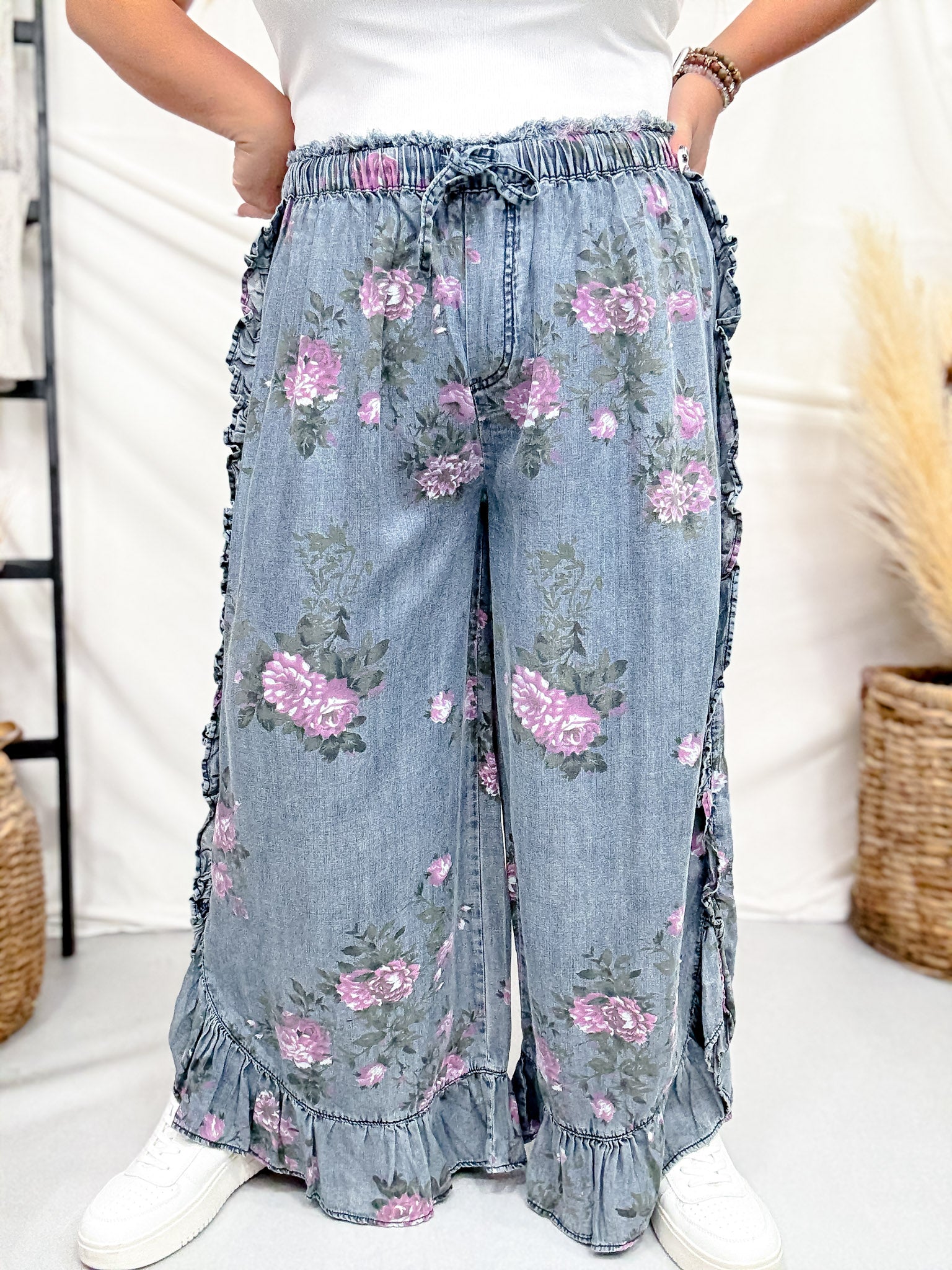 Dark Blue Floral Chambray Pants With Ruffled Hem - Whiskey Skies