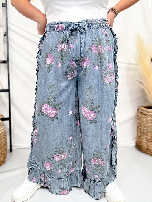 Dark Blue Floral Chambray Pants With Ruffled Hem - Whiskey Skies - EASEL