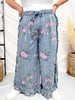 Dark Blue Floral Chambray Pants With Ruffled Hem - Whiskey Skies - EASEL