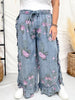 Dark Blue Floral Chambray Pants With Ruffled Hem - Whiskey Skies - EASEL