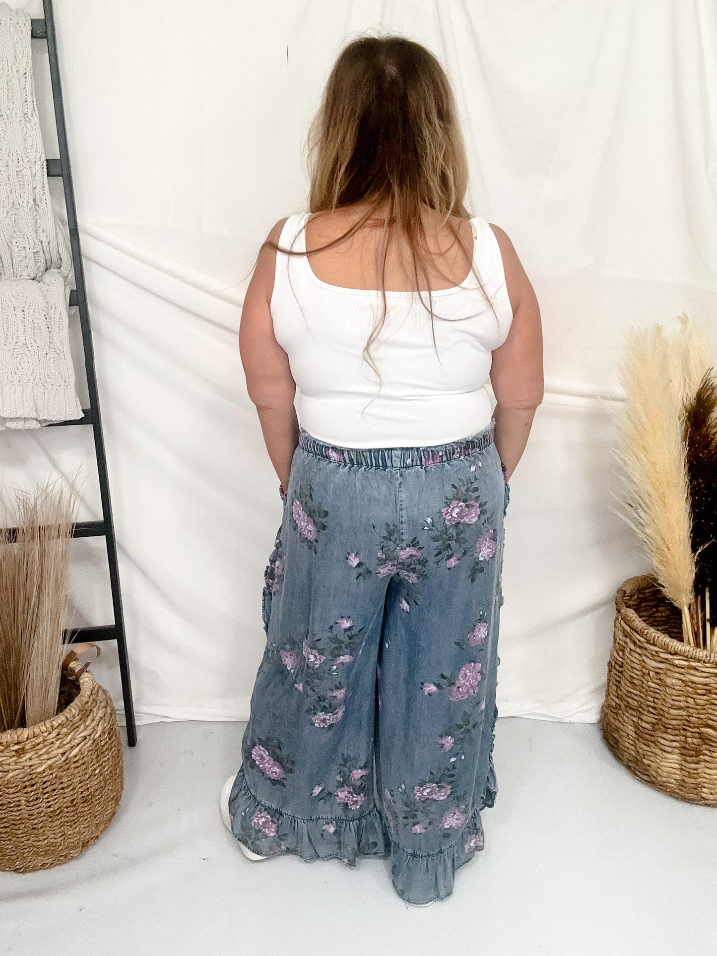 Dark Blue Floral Chambray Pants With Ruffled Hem - Whiskey Skies - EASEL
