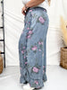 Dark Blue Floral Chambray Pants With Ruffled Hem - Whiskey Skies - EASEL