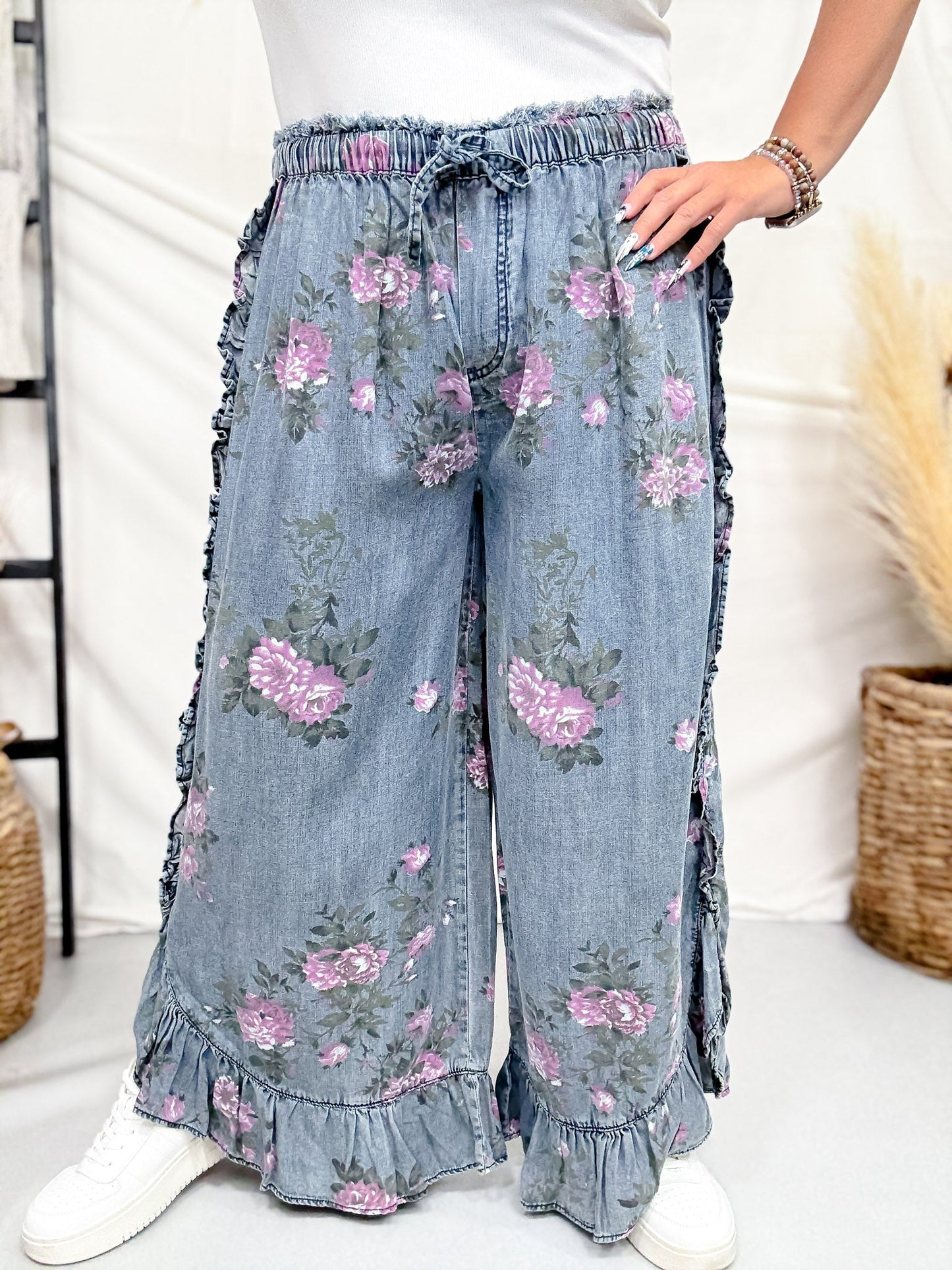 Dark Blue Floral Chambray Pants With Ruffled Hem - Whiskey Skies - EASEL