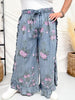 Dark Blue Floral Chambray Pants With Ruffled Hem - Whiskey Skies - EASEL