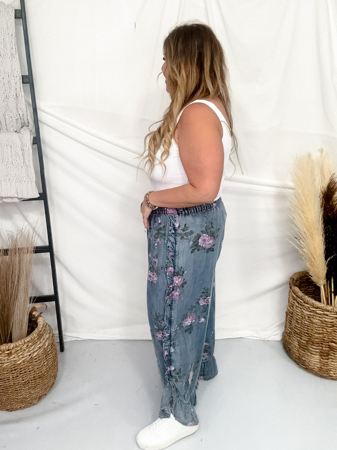 Dark Blue Floral Chambray Pants With Ruffled Hem - Whiskey Skies - EASEL