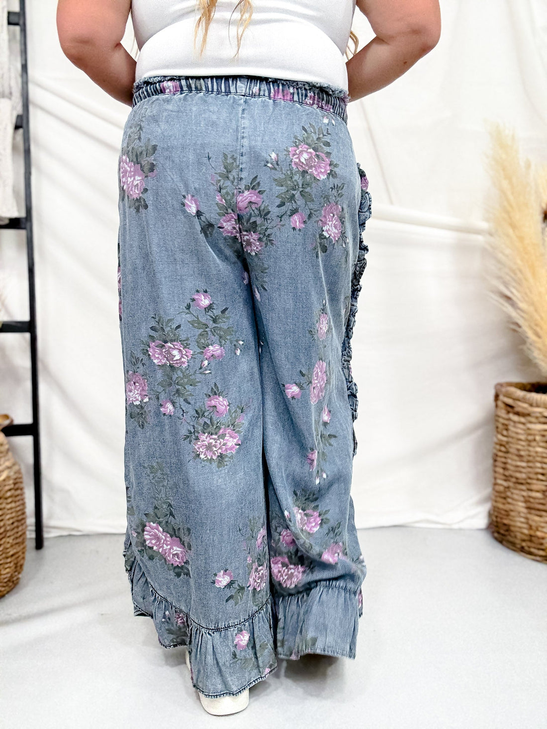 Dark Blue Floral Chambray Pants With Ruffled Hem - Whiskey Skies - EASEL