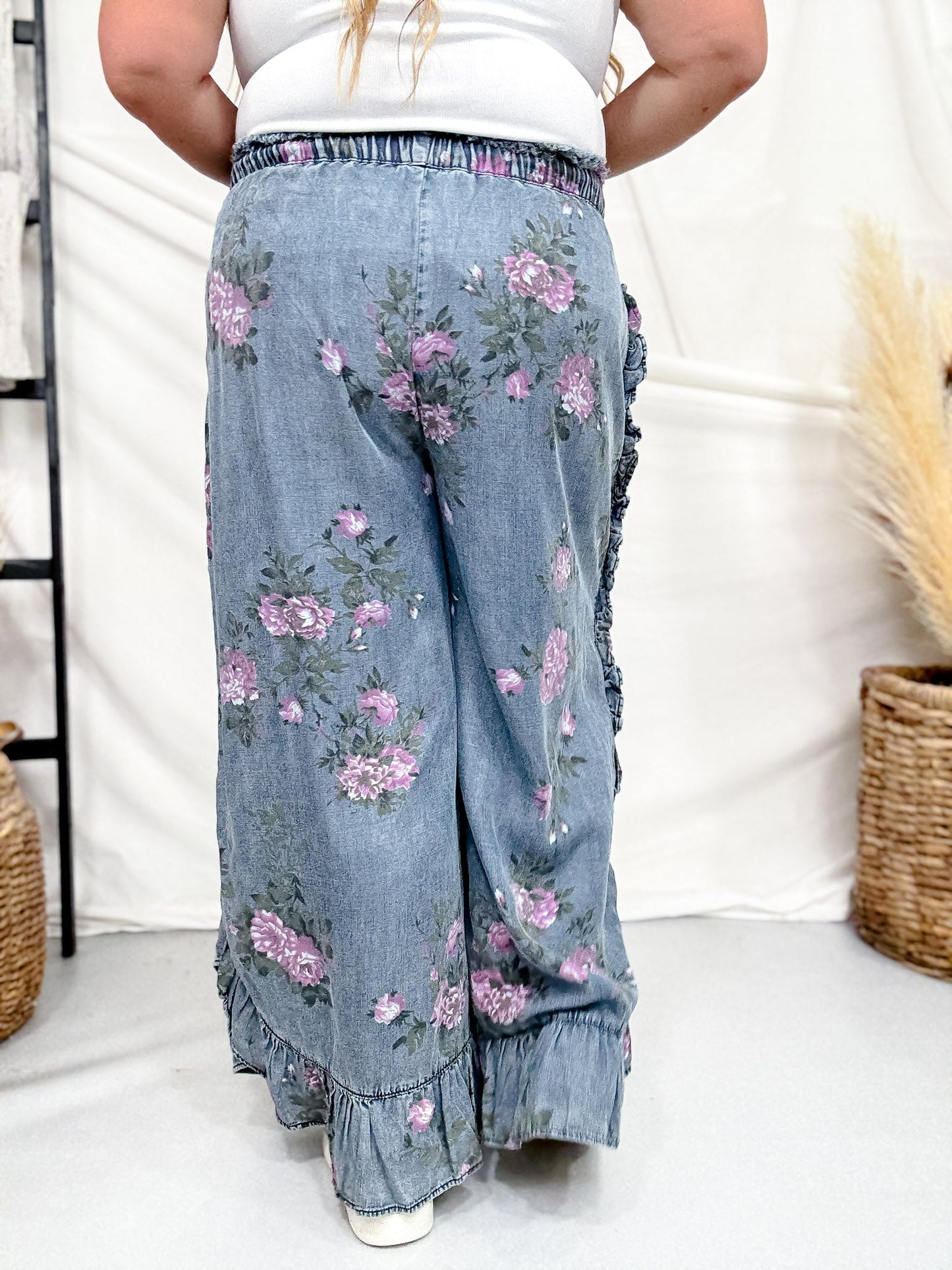 Dark Blue Floral Chambray Pants With Ruffled Hem - Whiskey Skies - EASEL