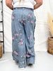 Dark Blue Floral Chambray Pants With Ruffled Hem - Whiskey Skies - EASEL