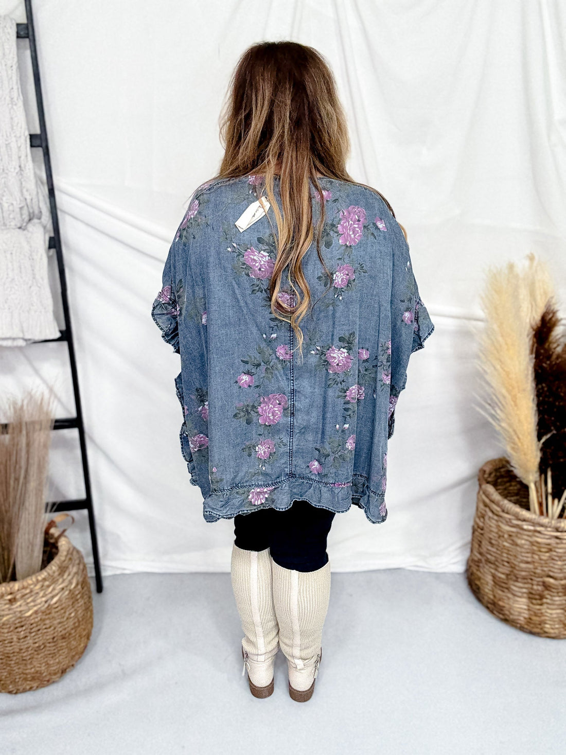 Dark Blue Floral Print Chambray Cardigan With Ruffled Hems - Whiskey Skies - EASEL