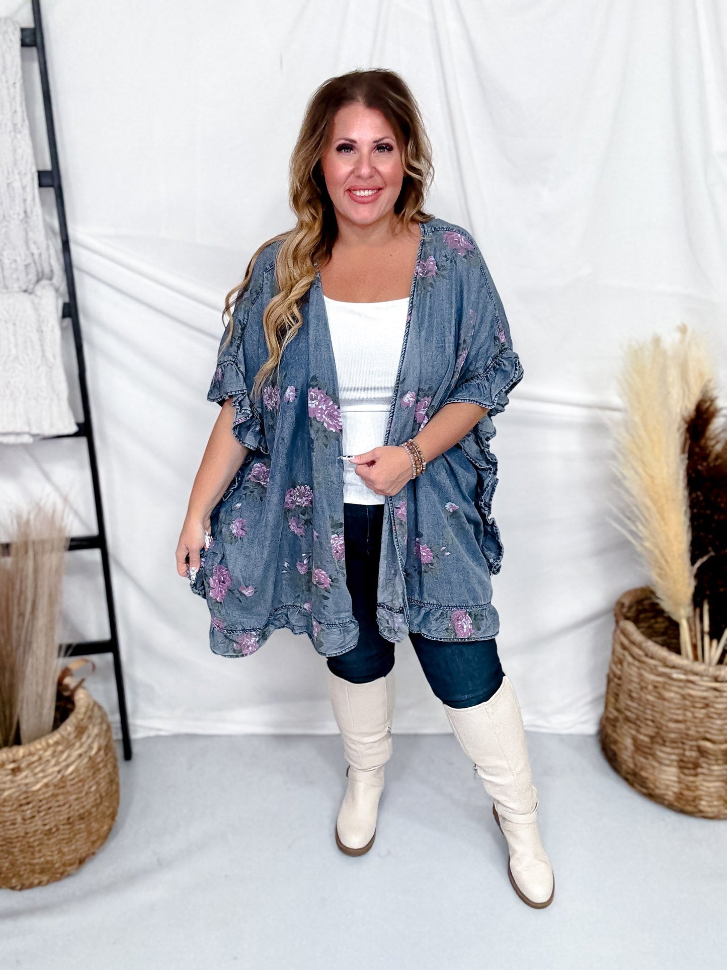 Dark Blue Floral Print Chambray Cardigan With Ruffled Hems - Whiskey Skies - EASEL