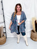 Dark Blue Floral Print Chambray Cardigan With Ruffled Hems - Whiskey Skies - EASEL